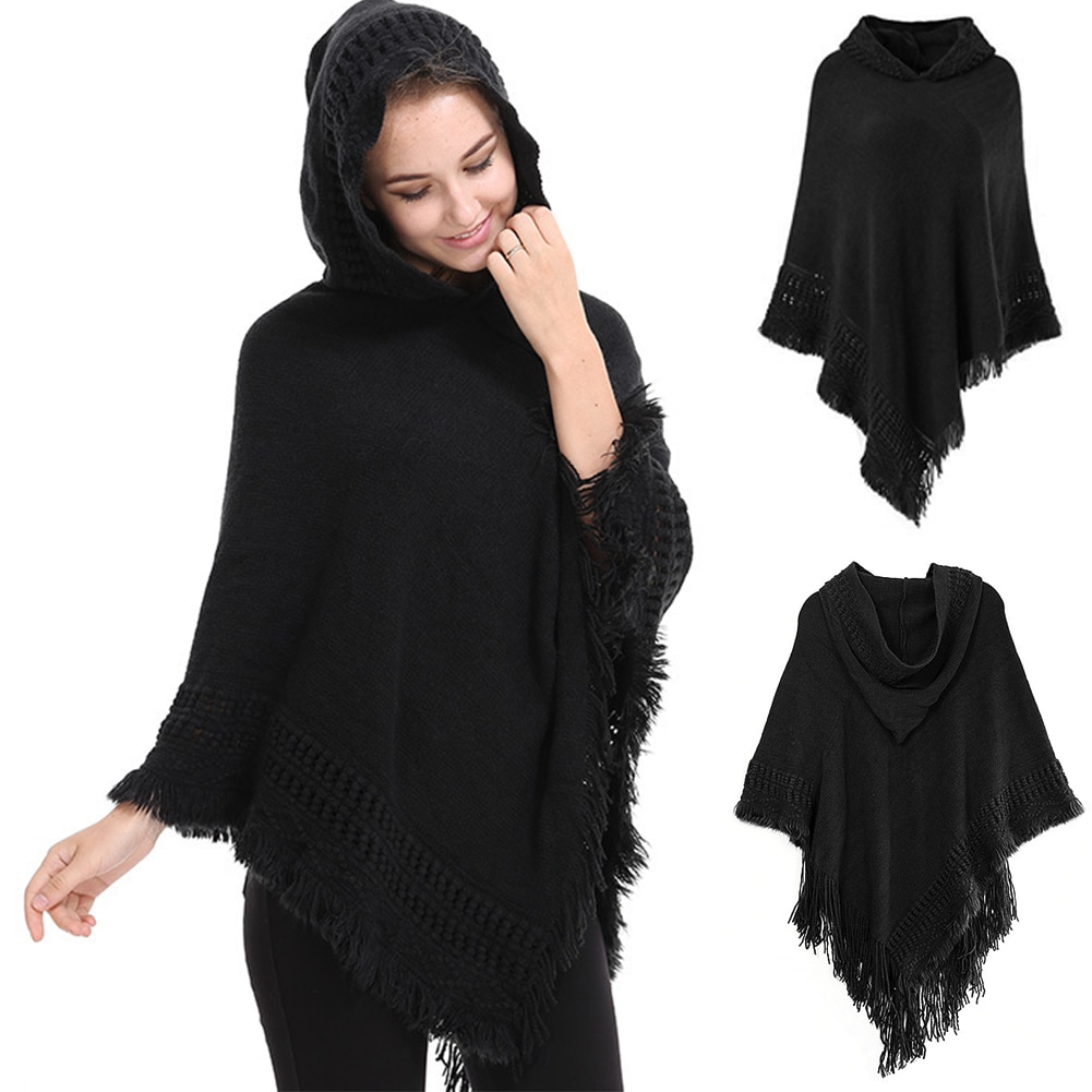 Automne hiver femmes tricot haut à manches chauve-souris Poncho Cape Cardigan manteau chandail décontracté lâche irrégulière ourlet gland Cape