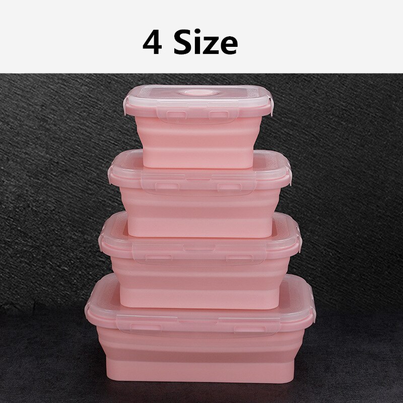 4 Pcs Silicone Collapsible Lunch Box Food Storage Container BPA Free Microwavable Portable Picnic Camping Rectangle Outdoor Box: Roze