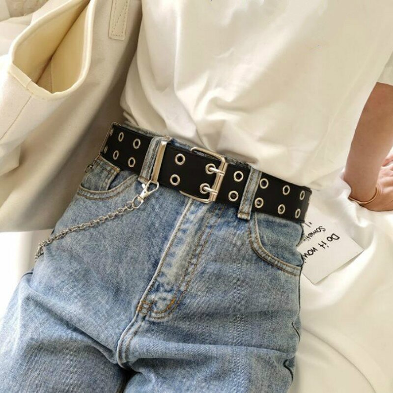 Women Punk Chain Belt Adjustable Double/Single Row Hole Eyelet Jeans Waistband with Eyelet Chain Decorative Belts