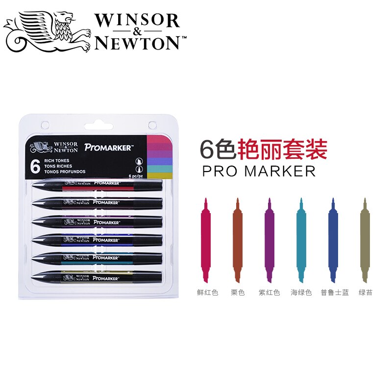 Winsor newton promarker 6/12 väriä taide tussi hieno kärki alkoholipohjainen markkeri kynät kaksipäiset kaksoismerkit animaatio: 6pc täyteläistä sävyä