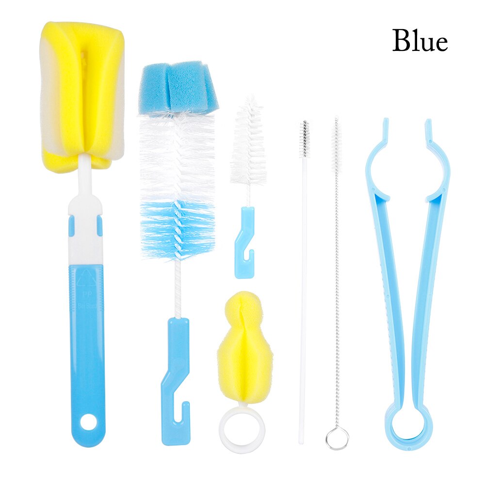 7pcs/set Baby Bottle Brush Toddler Kids Nipple 360-degree Rotating Clean Sponge Spout Cup Feeding Bottle Brush Washing Head Tool: blue