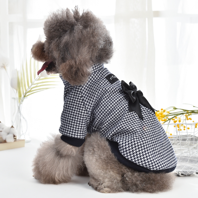 Ropa de pata de gallo para perros pequeños, con lazo negro grande, vestidos de lujo para mascotas, chaqueta, Atuendo para otoño e invierno, accesorio para gatos