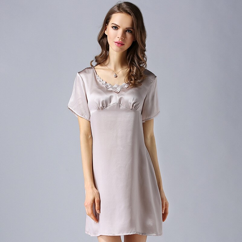 Vrouwen Lente En Herfst Zijden Pyjama 100% Natuurlijke Moerbei Zijde Korte Mouwen Nachthemd Nobele Zijde Thuis Kleding Pyjama: Silver gray / L