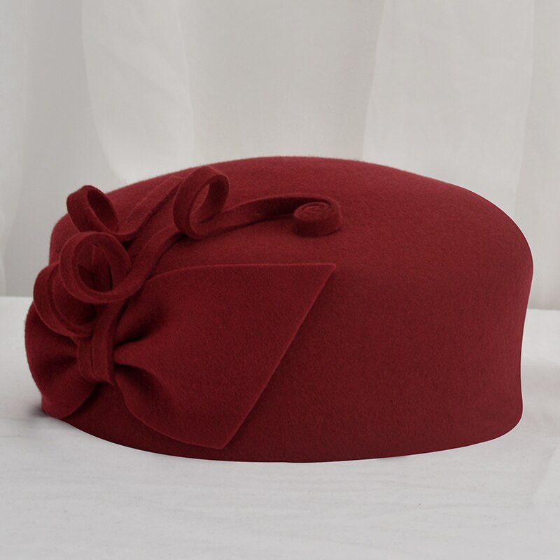 100% Wolvilt Baretten Vrouwen Party Bloem Formele Fedora Hoed Banket Grace Wollen Bunker Cap Mooie Tovenaar: Wine red