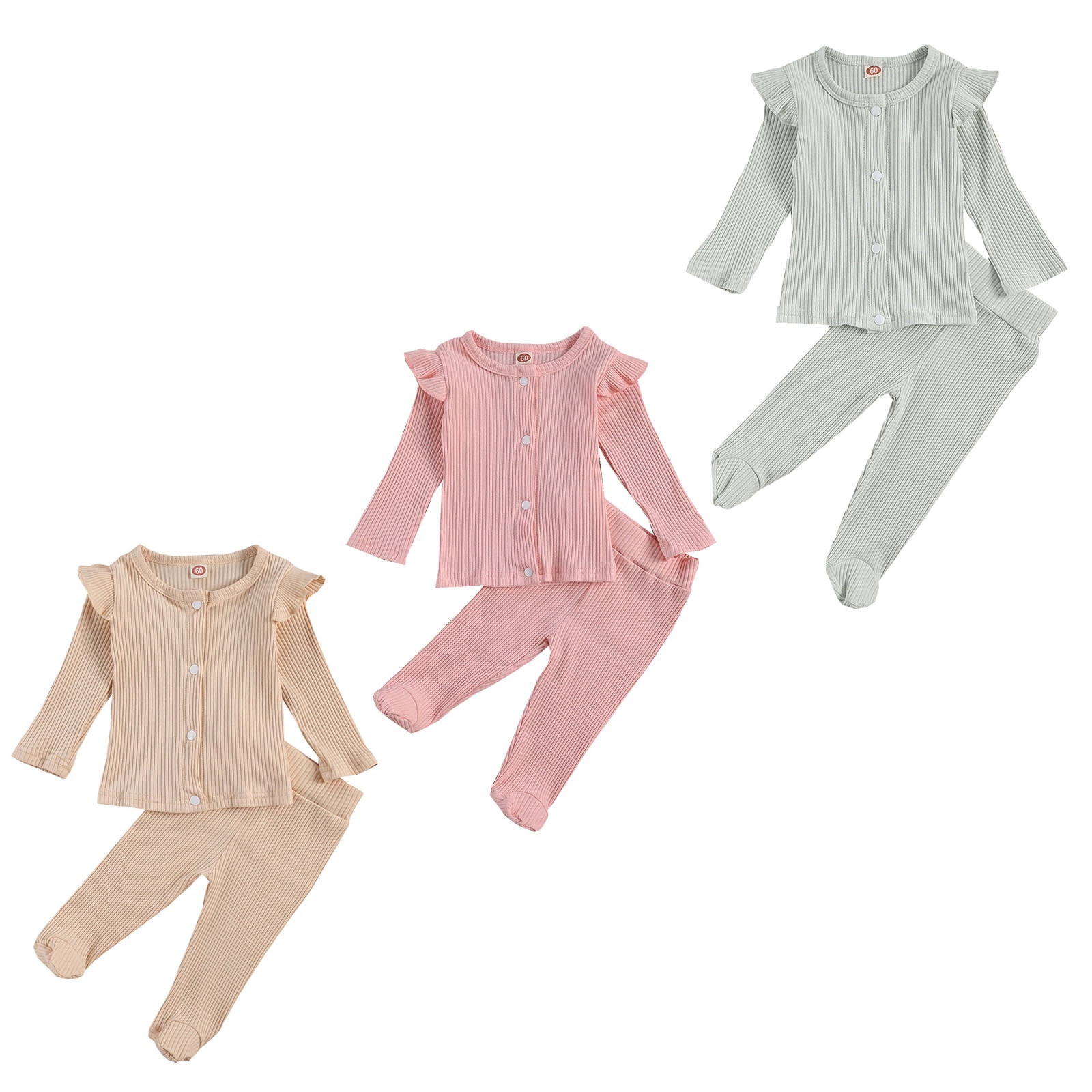 FOCUSNORM Newborn Baby Girls Boys Sleepwear Sets 2pcs Solid Long Sleeve Single Breasted Knit Tops Trousers Pants