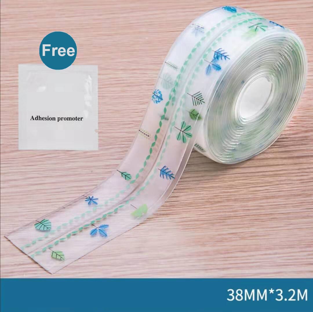 Multi print gennemsigtig 3.2 mx 38mm pvc tætningsbånd tape vinduer bad køkken vandtæt selvklæbende søm toilet hjørne: Blå blade
