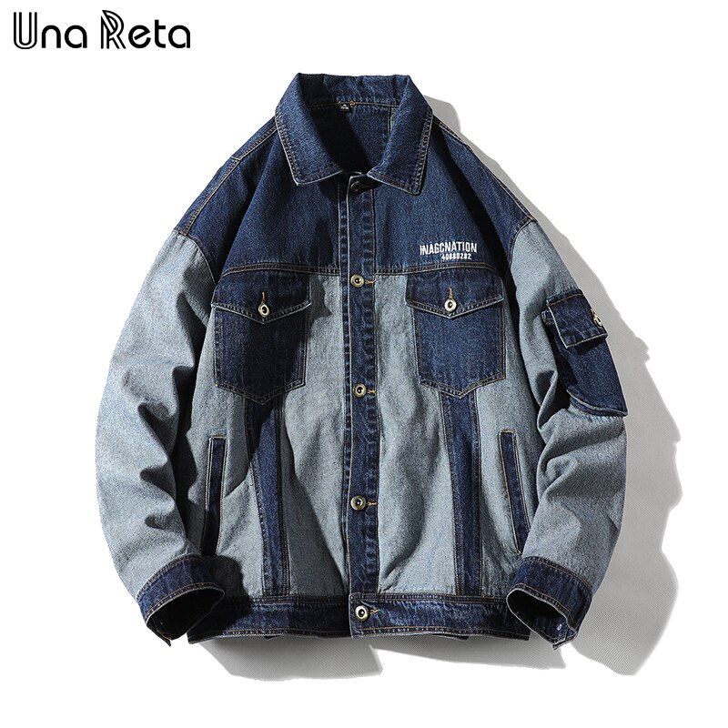 Una Reta Jean Jacket Hip-Hop Men Clothing Streetwear Men's Jackets Plus Size Loose Denim Patchwork Jeans Jacket Men: Blue / S