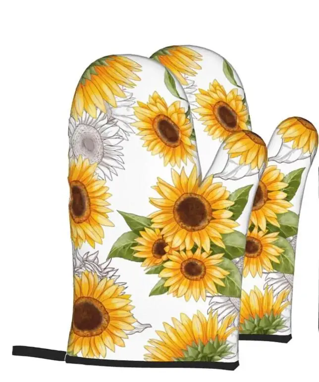 Manoplas para horno con estampado Floral de girasol amarillo, resistentes al calor, impermeables, con capa interior de algodón para cocinar y barbacoa, 2 uds.: Gris