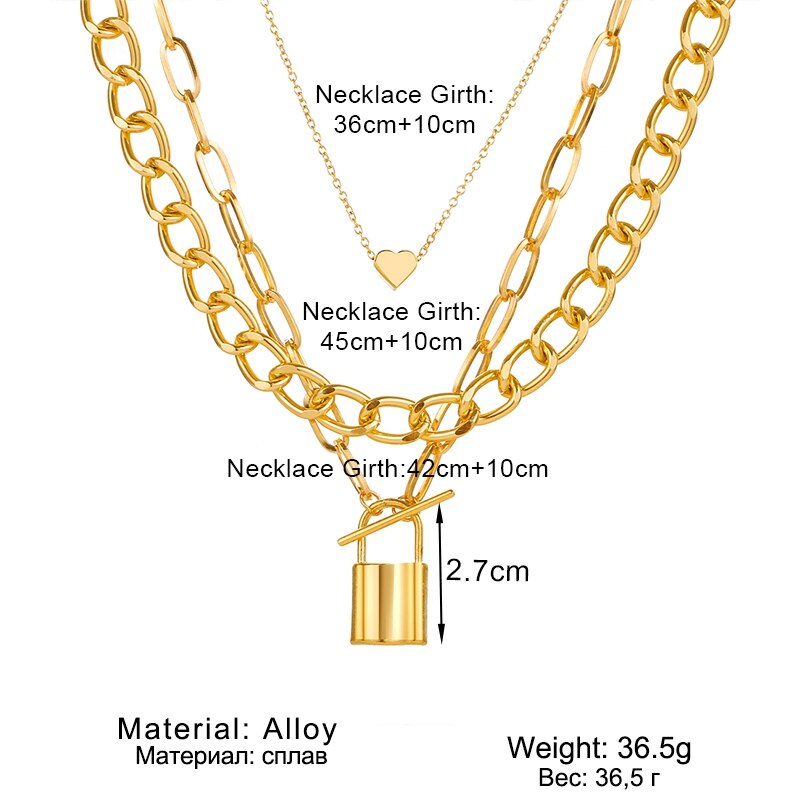 KUSS FRAU Vintage Multilayer Herz Lock Anhänger Halsketten Für Frauen Gold Silber Farbe Dicke Kette Halskette Schmuck