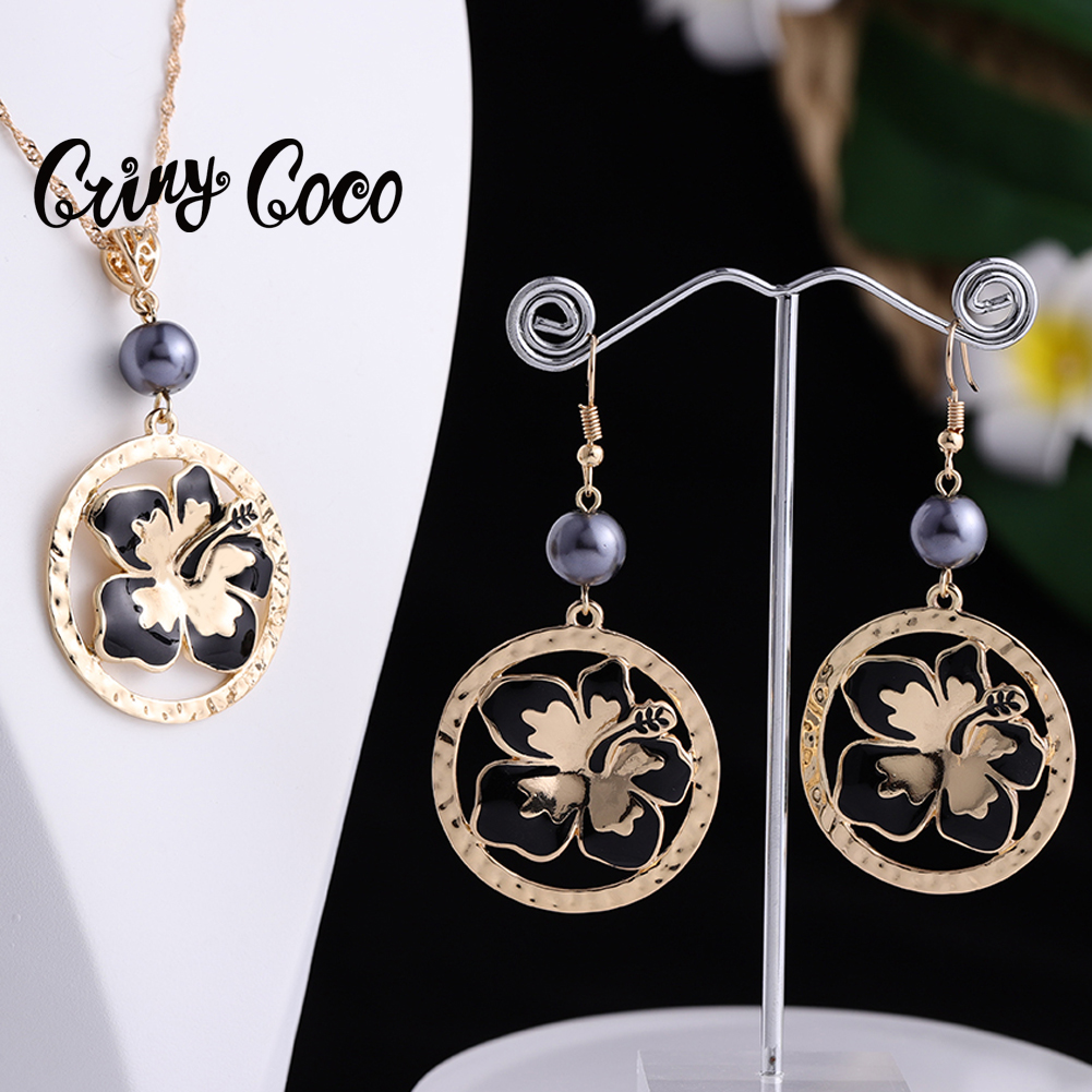 Cring Coco Mode Hibiscus Bloemen Sieraden Set Vrouwen Hawaiian Polynesische Vergulde Ketting Oorbellen Set