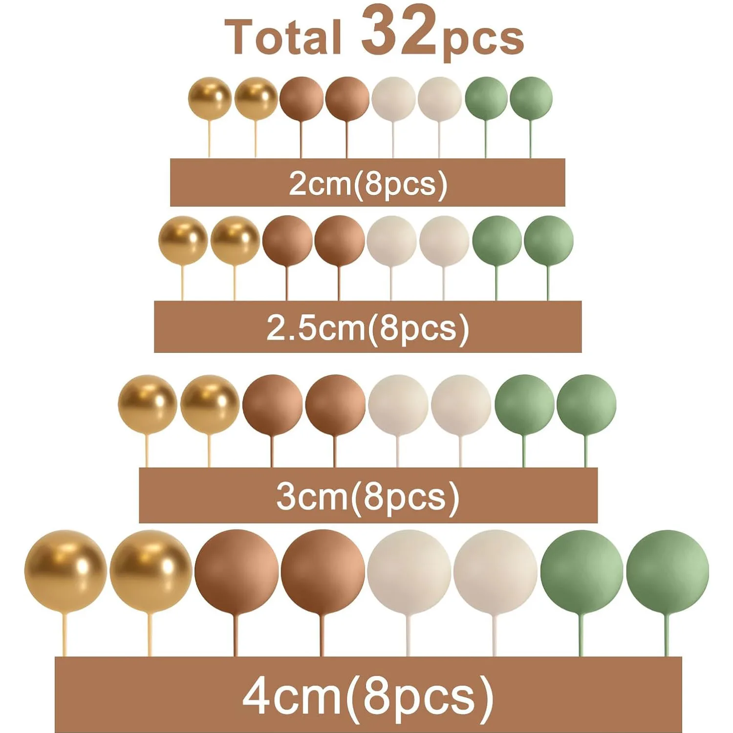 Décoration de gâteau vert sauge marron, 32 pièces, boules en mousse dorée, bricolage, décoration de gâteau pour réception pour bébé, fête d'anniversaire