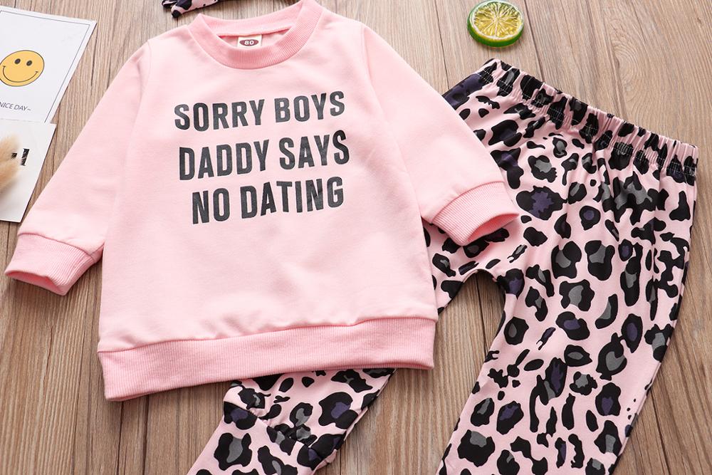 3 stk baby tøj sæt til babyer 0-4t forårs efterår far siger ingen dating toppe+leopard print bukser+pandebånd til piger til piger