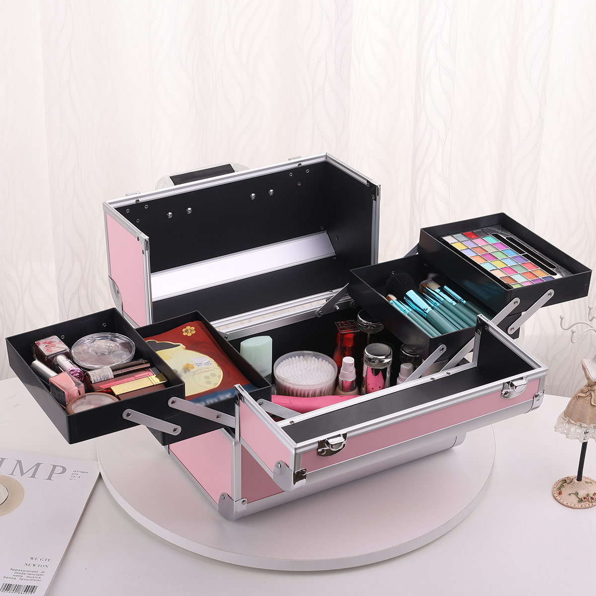 Makeup Case Cosmetic Organizer Case Extra Large 12 Inch 6 Trays Portable Makeup Organizer Case Make Up Carrying Box: Pink