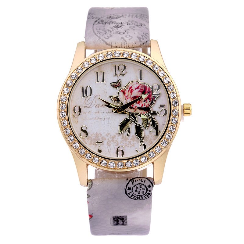 Dames Horloge Met Diamanten Bezaaid Goud Shell Riem Decoratie Mode Trend Rose Bloemenprint Strap Dames Horloge: 05