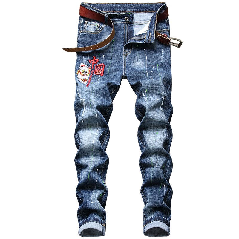 Pantalones vaqueros bordados para hombre, Jeans informales elásticos de pierna recta, ajustados, de , a la , primavera,: 36