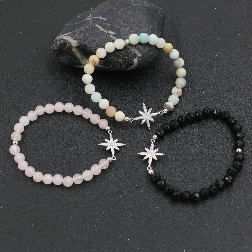 Lucky Zilver Kleur Rhinestone Star Armband Voor Vrouwen Roze Quartz Kralen Armbanden Steen Mannen Sieraden Lovers Femme