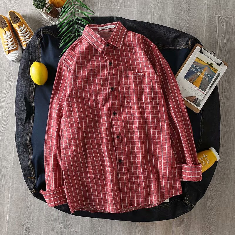 Plaid Shirt Mannen Lange Mouwen Streetwear Kleding Heren Shirts Harajuku Top Mannetjes Vintage Plus Size Fashions Koreaanse Stijl Eenvoudige: red / XXL