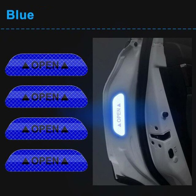 4 sztuk/zestaw drzwi samochodu odblaskowe naklejki drzwi naklejki naklejka taśma ostrzegawcza znak wywieszka z napisem "otwarty" informacja o bezpieczeństwie akcesoria samochodowe zewnętrzne: Niebieski