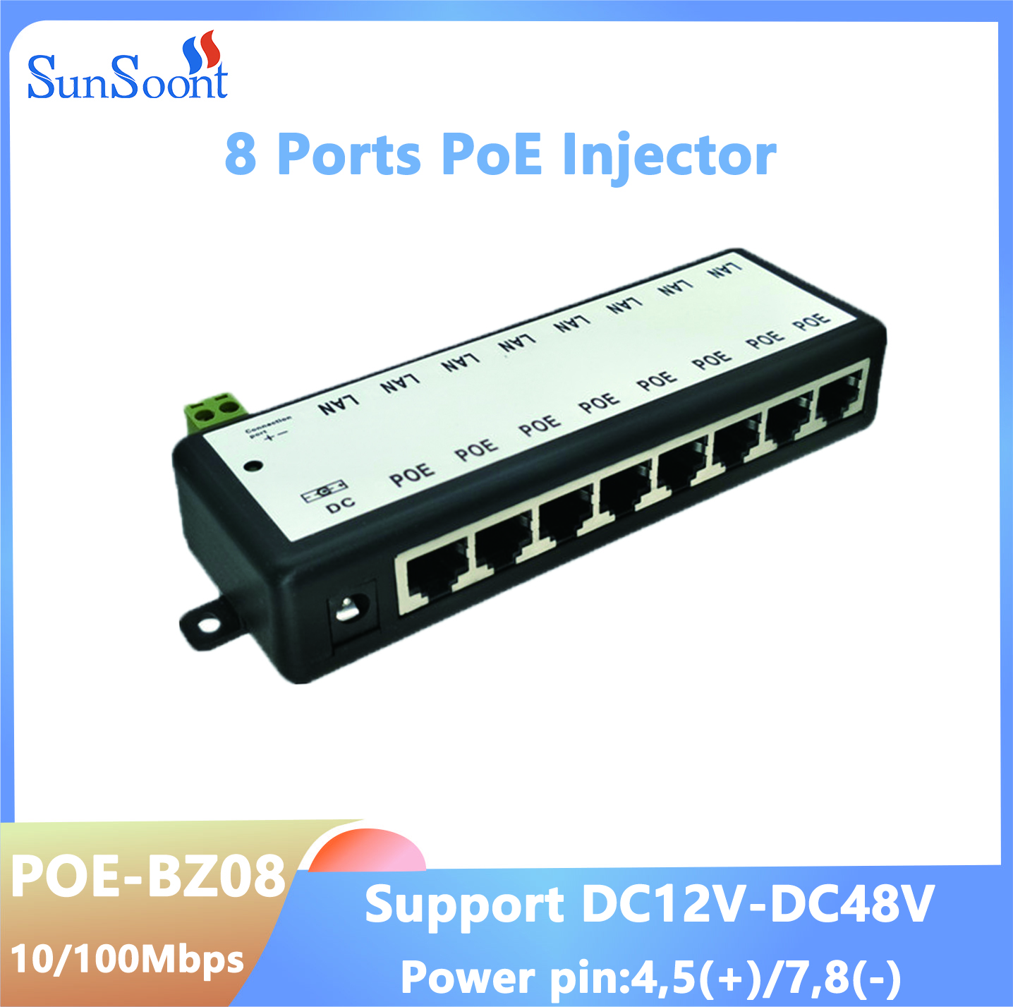 8 portas PoE Injector PoE Adaptador de alimentação Ethernet Fonte de alimentação Pin 4,5(+)/7,8(-) Entrada DC12V-DC48V para câmera IP 802.3af/at: BRANCO
