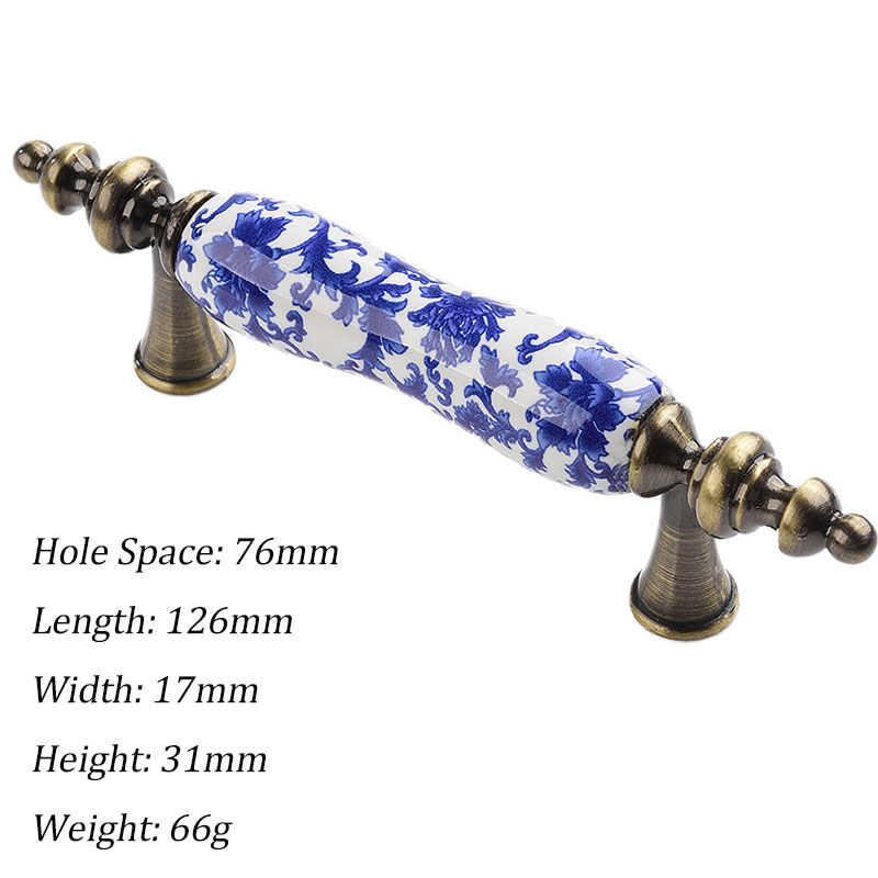 Tiradores de cerámica para armarios y cajones, pomos de puerta redondos con flores azules, tiradores de muebles Vintage, tiradores de armario de bronce antiguo: Marrón