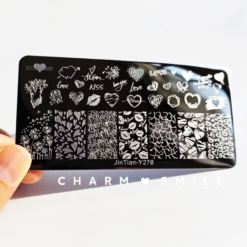 Placas de estampado de uñas con personajes de dibujos animados, amor, Día de San Valentín, estampado de hojas de flores, arco, corazón, plantillas de sellos para uñas, herramientas de decoración de uñas: Verde