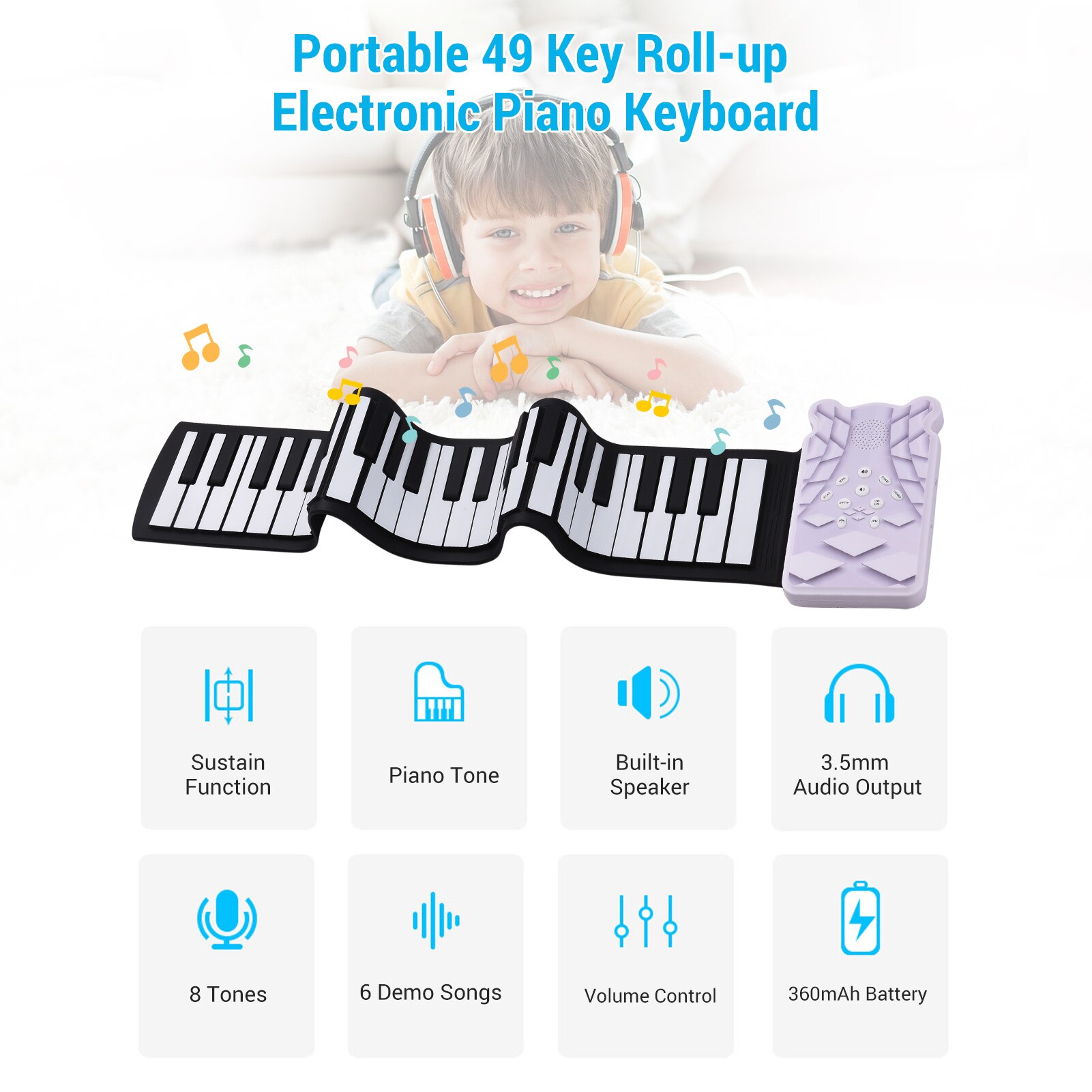 Portable 49-key Roll-up Electronic Piano Keyboard 8 Tones 6 Demos Record Funtion Built-in Speaker with Echo Sustain Trill Effect