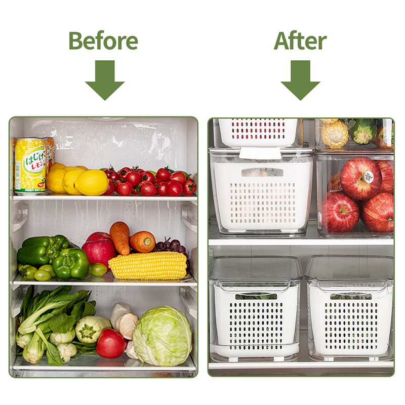 Fridge Storage Box Refrigerator Vegetable Fruit Boxes Drain Basket Containers With Lid Food Preservation Box Kitchen Organizer