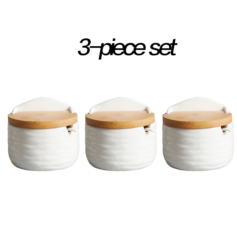 Set Van 4 Keramische Kruiden Rack Spice Potten Kommen Met Lepel &amp; Porselein Doos En Bamboe Cover-Opslag Container kruiderij Potten: H 3-piece set