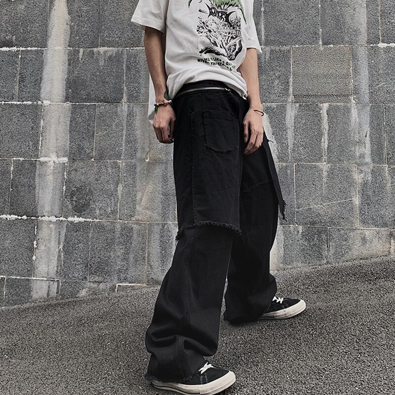 Falda desmontable Harajuku, pantalón vaquero suelto para hombres y mujeres, ropa de calle, pantalones vaqueros rasgados de pierna ancha lavados, pantalones holgados Hip Hop