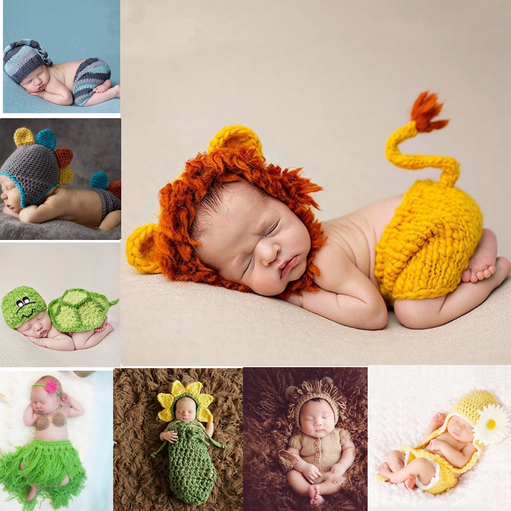Handgemaakte baby dieren stijl foto prop outfit kleding wol breien haak fotografie hoed stoffen set
