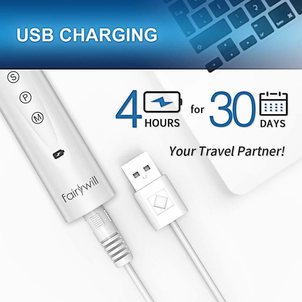 Fairywill Sonic brosse à dents électrique adulte USB Rechargeable étanche 5 minuterie intelligente 3 têtes de brosse à dents de remplacement FW508