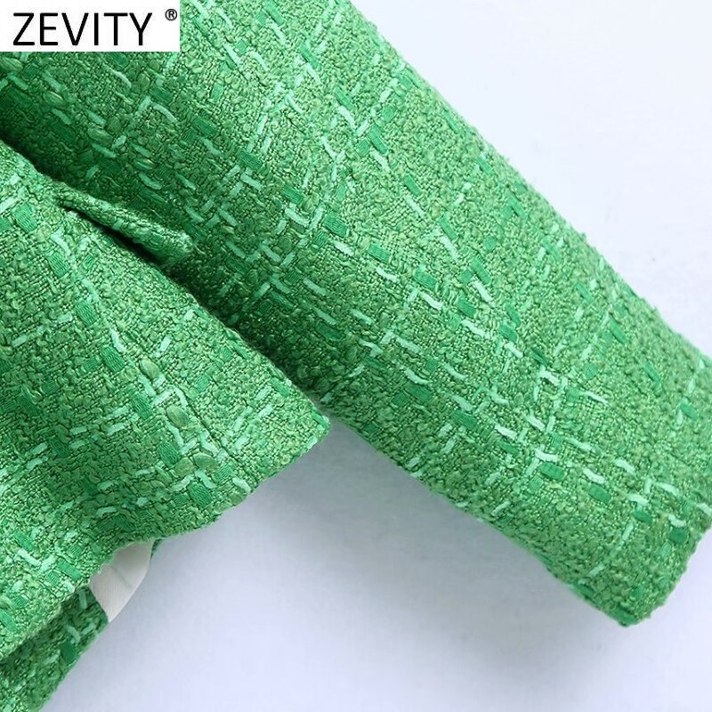 Zevity-Chaqueta de lana de Tweed para mujer, ropa de estilo inglés con doble botonadura, verde, Vintage, manga larga, trajes Chic, Tops CT695