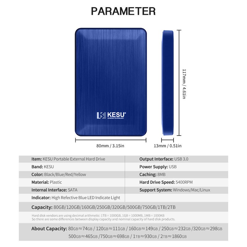 Kesu Externe Harde Schijf 2.5 &quot;Hdd 320Gb/500Gb/1Tb USB3.0 Externe Harde Schijf Opslag compatibel Voor Desktop/Laptop/Macbook