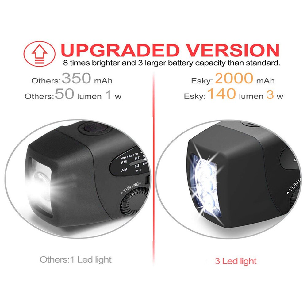 Ready Stock 2000mAh Hand Crank Solar Radios Dynamo Powered AM/FM/NOAA Weather Radio Use Emergency LED Flashlight Power Bank