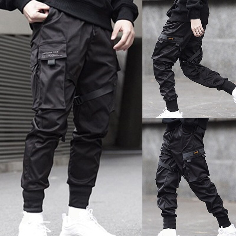 Mænds bånd farveblok sorte lommegodsbukser harem joggers harajuku sweatpant hip hop bukser