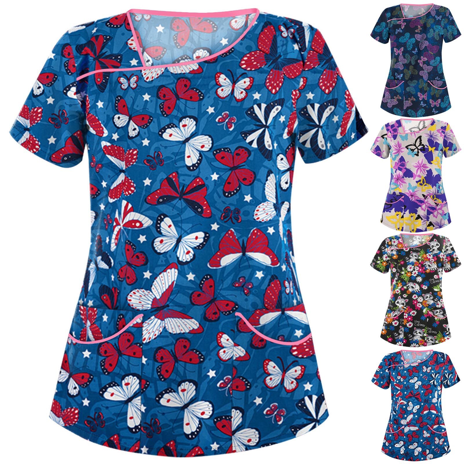 Verpleegkundige Wuniform Omen Korte Mouw V-hals Tops Werken Uniform Cartoon Print Blouse Verpleging Scrubs Top Beschermende Kleding A40