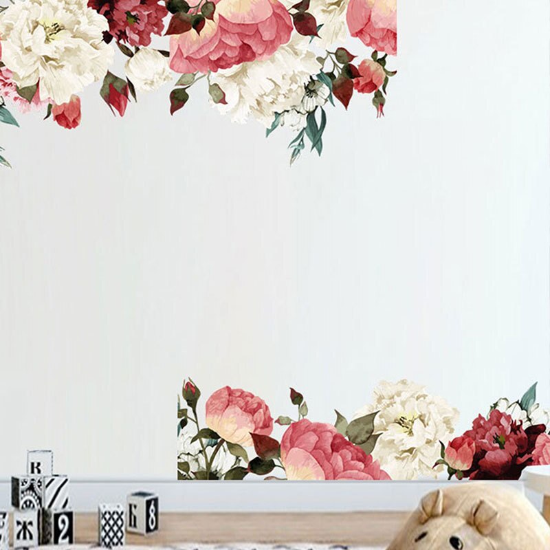 Muursticker pioenroos, rood met witte kleur, bloemenkunst, kinderkamerdecoratie, kinderkamerdecoratie, behang