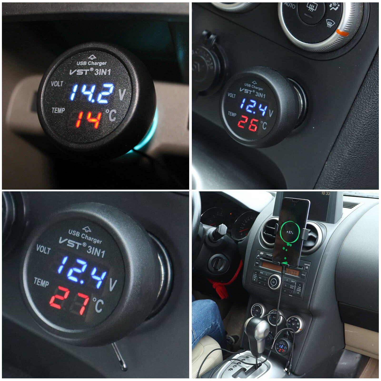 12V/24V Digitale Meter Monitor 3 In 1 Led Usb Car Charger Voltmeter Thermometer Auto Batterij Monitor lcd Digitale Dual Display