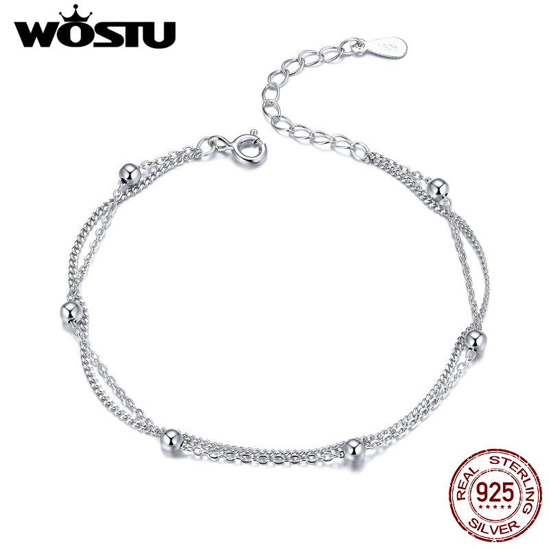 WOSTU Parallel Chains With Silver Bead Bracelets 925 Sterling Silver For Women Chain Link Silver 925 Jewelry CQB131