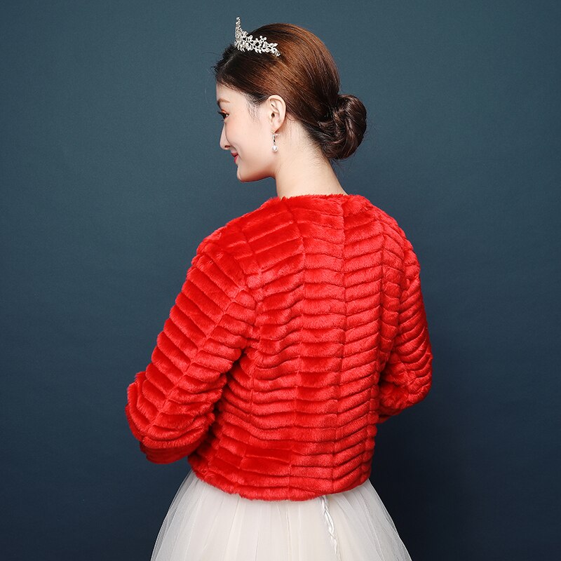 Trouwjurk Accessoires Faux Fur Bruiloft Jas Wrap Bolero Bolero Rood Roze Herfst Winter Jas Dikke Warme Bont Bruiloft Jassen