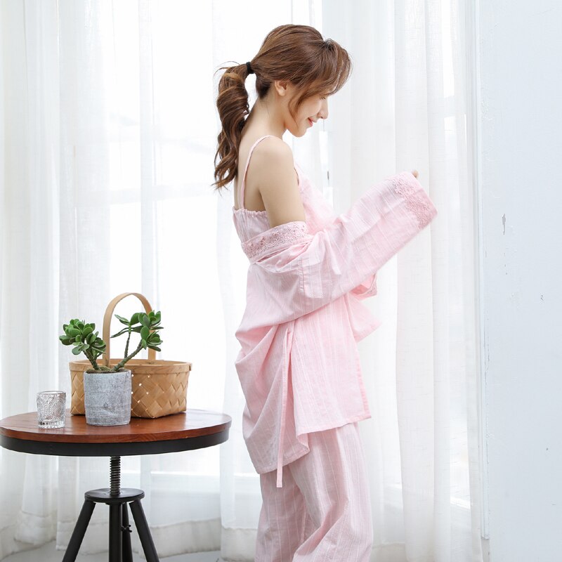 Japanse kimono lente en herfst katoenen damesbroek met lange mouwen bretels driedelig huispak pyjamapak zomer