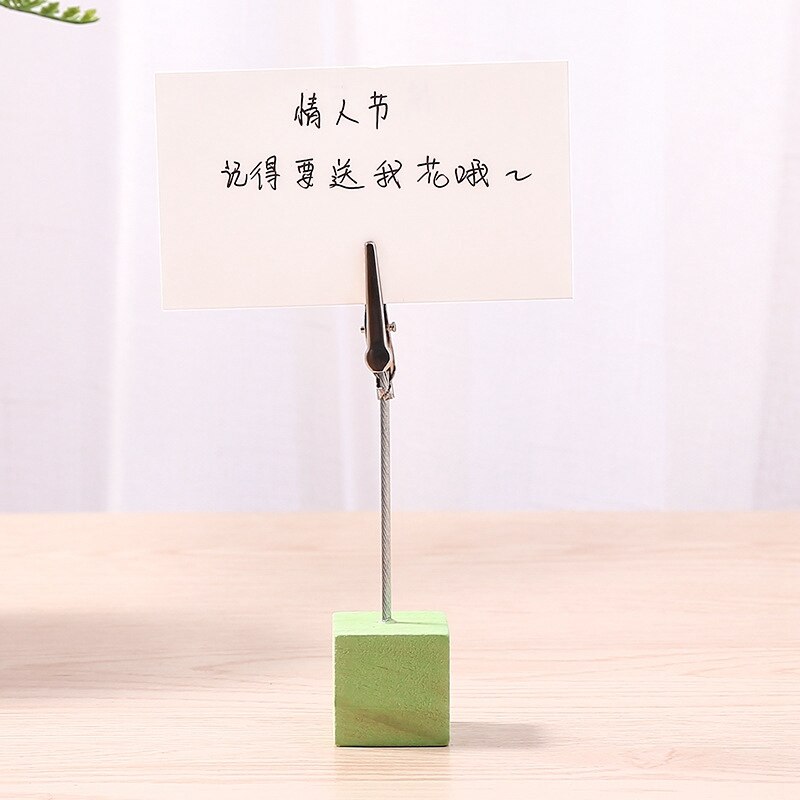 1pc coloré en bois Cube mémo pince métal Photo porte-carte bureau Photo pinces support Message porte-carte bureau décor organisateur: Green
