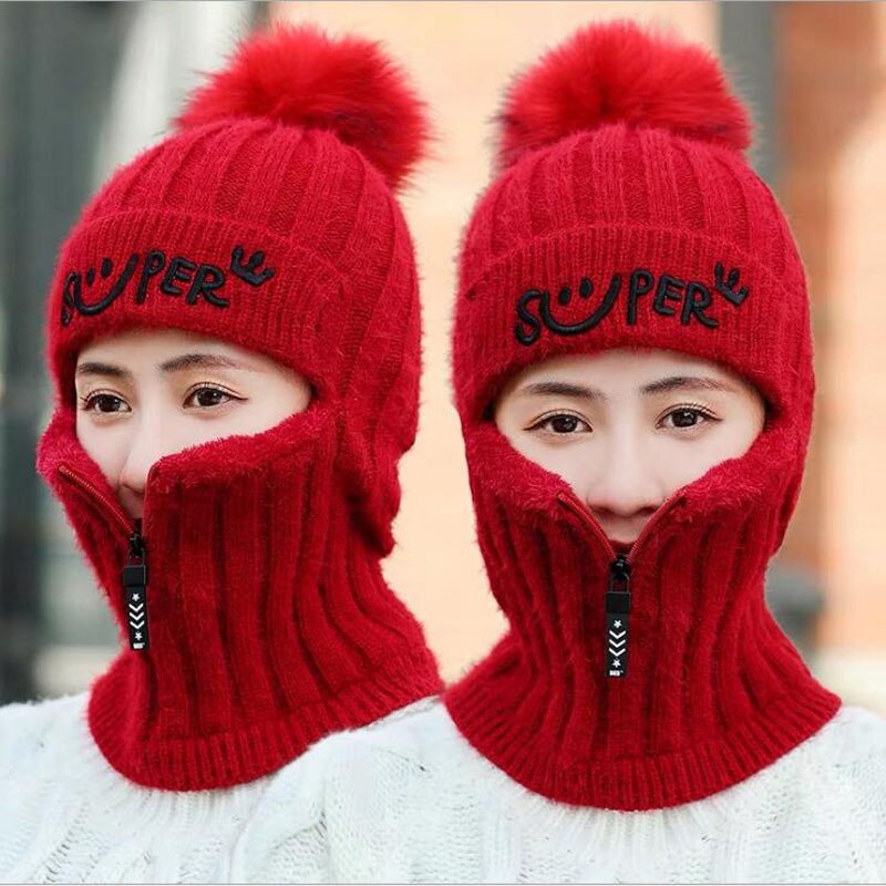 Mærke tyk varm strikket hat vinter kvinder ansigt beanie ørebeskyttere lynlås dekoration gorro pels pom poms skullcaps hat 5 stil: Rød