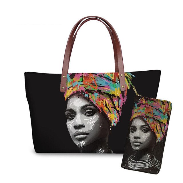 Custom mode 2pcs/set Women Handbags Black Art African Girl Printing Hand Bag&Wallets Ladies Ethnic Top-Handle Bags Females Bolsa: style1