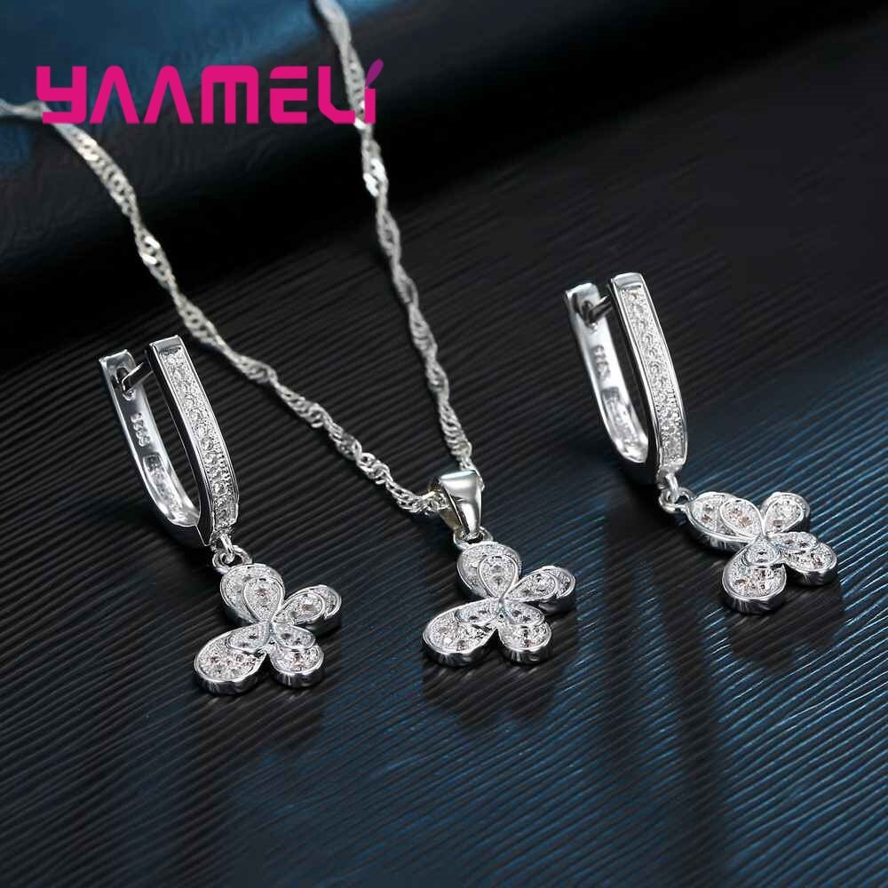 925 Sterling Silver Jewelry Sets For Women Cubic Zirconia Inlay Paved Butterfly Bridal Necklace Earrings