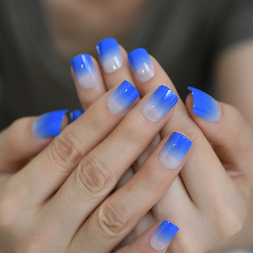 Faux-ongles pour French manucure, bleu diamant, Ombre, à pression, carré brillant, par les dames, 24 Ct