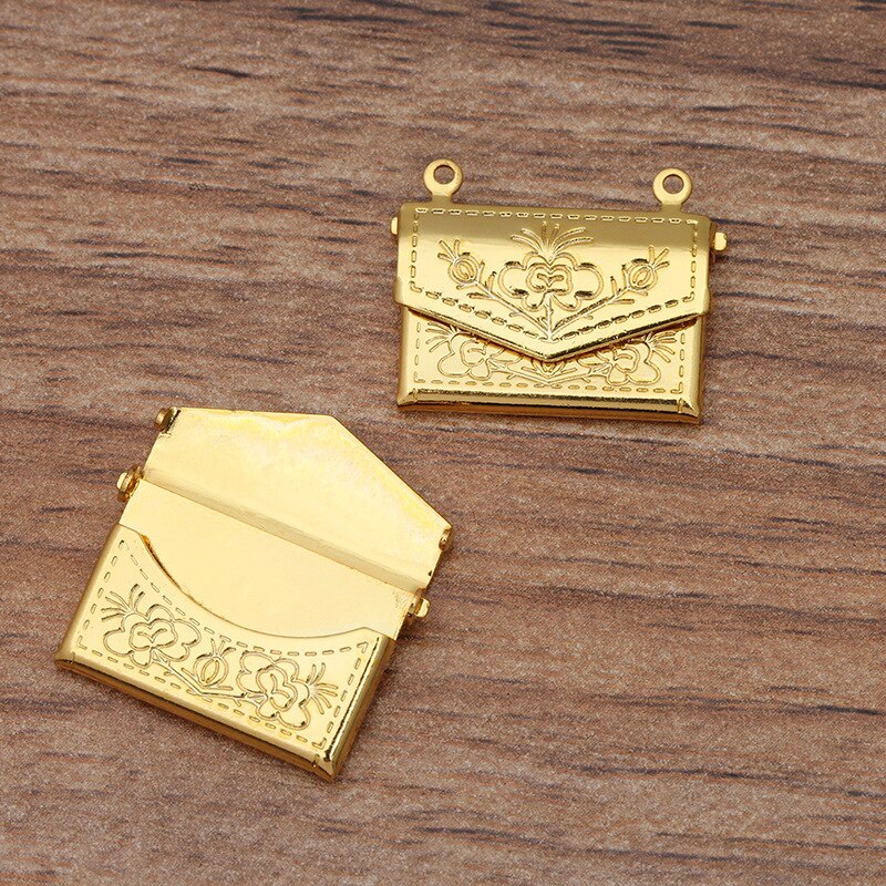 10 unids/lote de medallón de latón de 15x20mm, colgante de medallón con foto de sobre, puede abrir medallón, collar, colgantes para joyería DIY