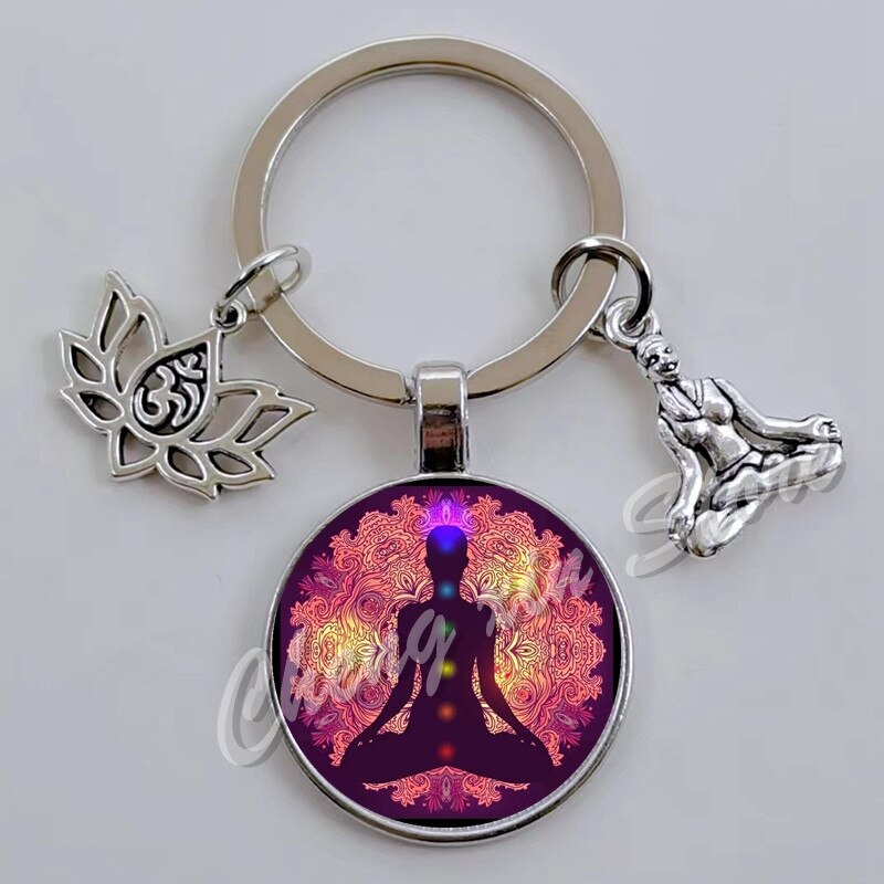 Indian Buddha Meditatie 7 Chakra Mandala Psychedelische Yoga Glas Cabochon Sleutelhanger Ornament