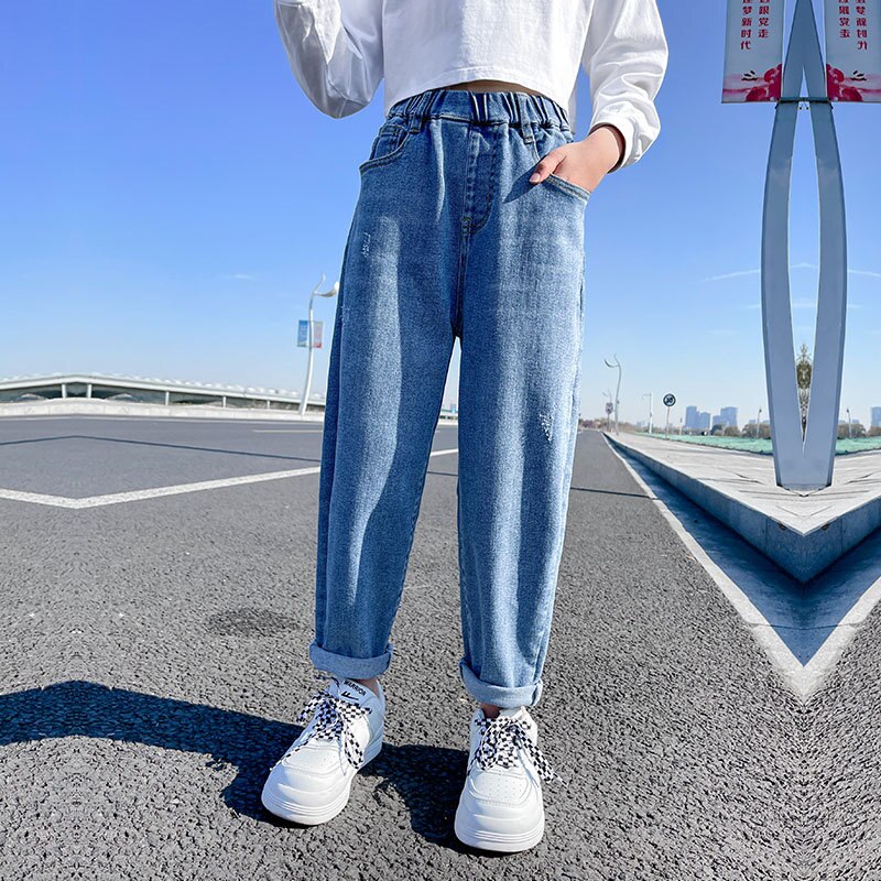 Pantalones vaqueros con estampado de letras para niña joven, pantalón de tubo informal a la , color azul, para escuela, 6, 8, 10, 12 y 14 años, para primavera y otoño