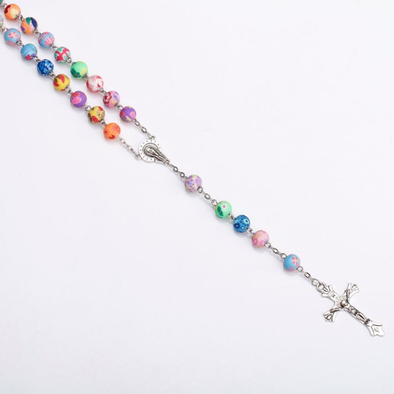 Religieuze Rozenkrans Ketting Kruis Hanger Katholieke Polymer Clay Bead Chain Sieraden QX2E